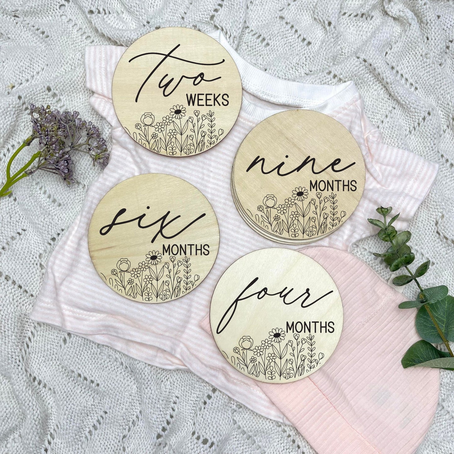 floral milestone cards, baby milestone discs, boho nursery, aesthetic nursery, beige nursery
