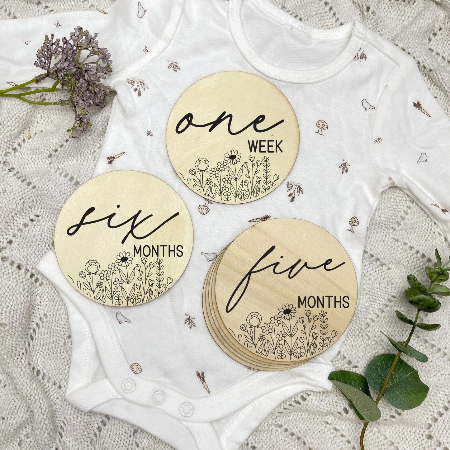 floral milestone cards, baby milestone discs, boho nursery, aesthetic nursery, beige nursery
