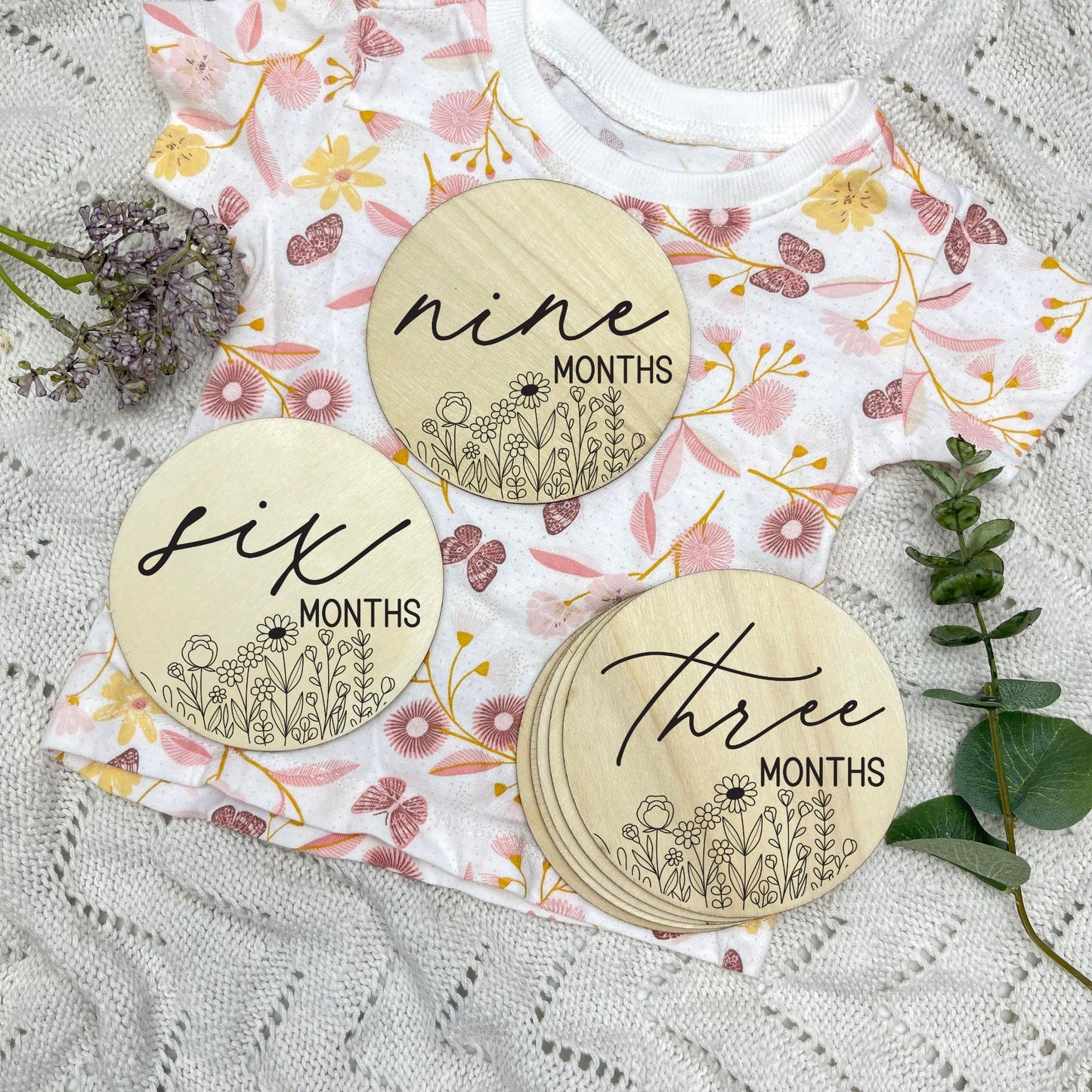 floral milestone cards, baby milestone discs, boho nursery, aesthetic nursery, beige nursery
