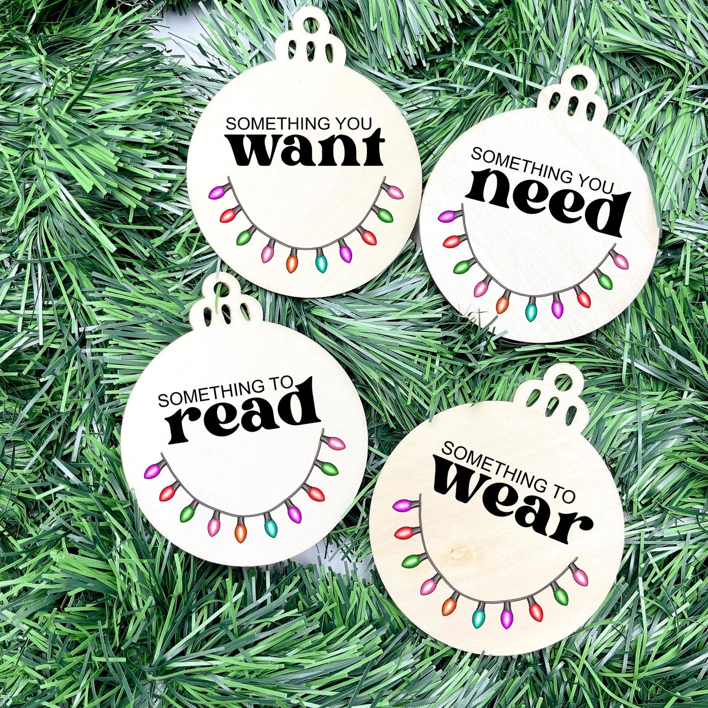 Something you want, wear, need, read bauble set, christmas gift tag set, present gift tag, something to read