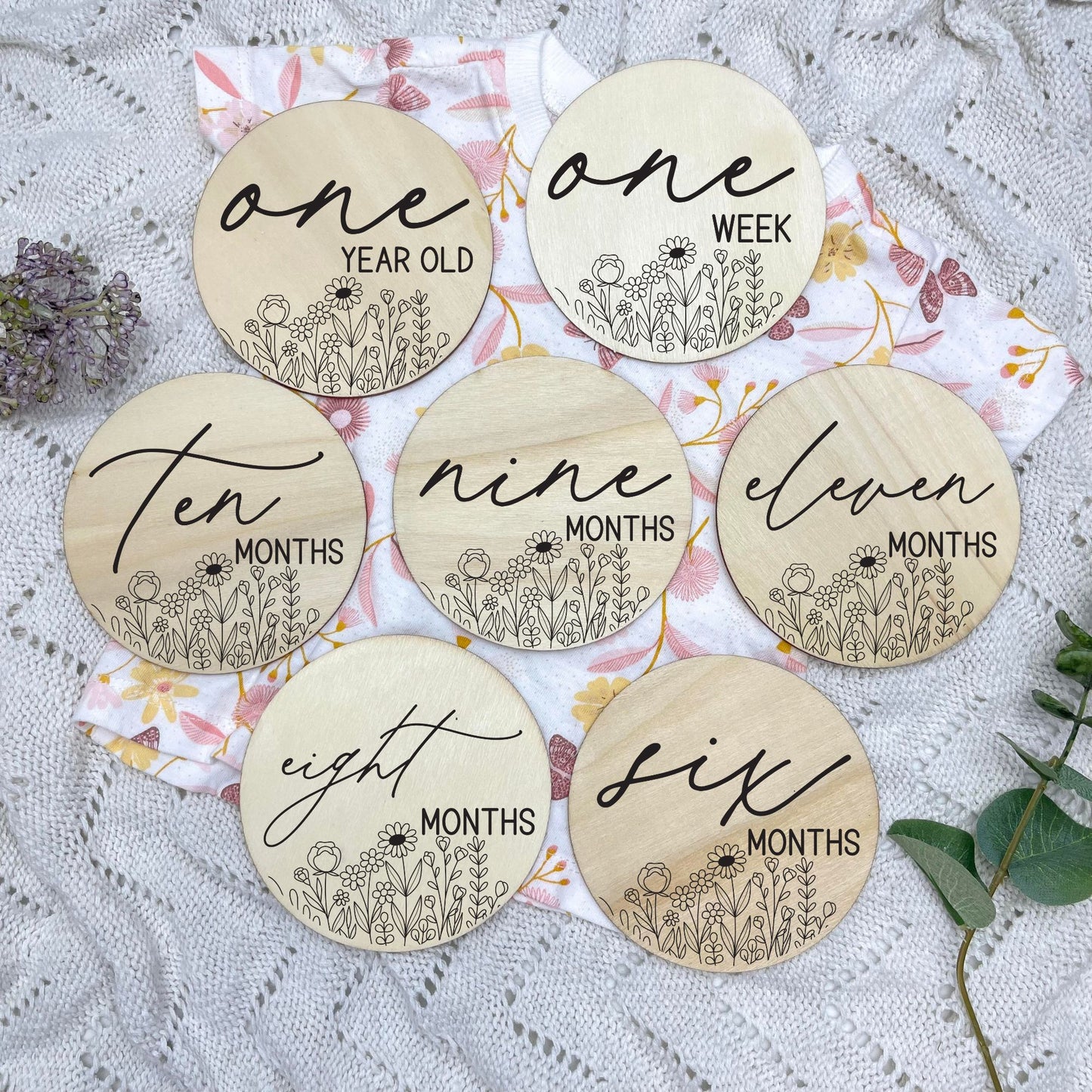 floral milestone cards, baby milestone discs, boho nursery, aesthetic nursery, beige nursery