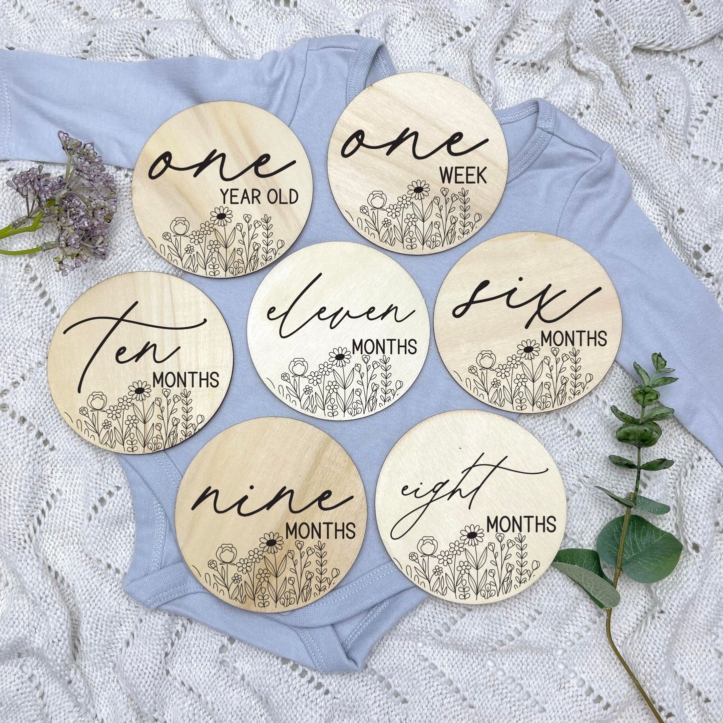 floral milestone cards, baby milestone discs, boho nursery, aesthetic nursery, beige nursery