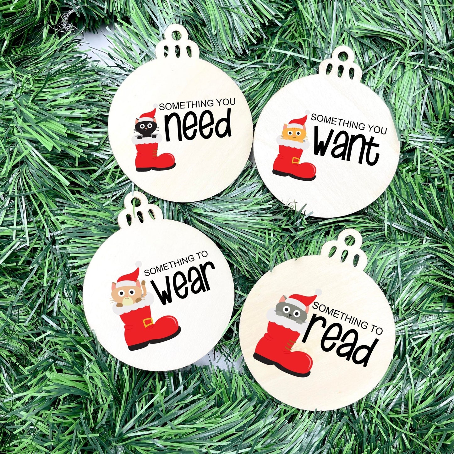 Something you want, wear, need, read bauble set, christmas gift tag set, present gift tag, something to read