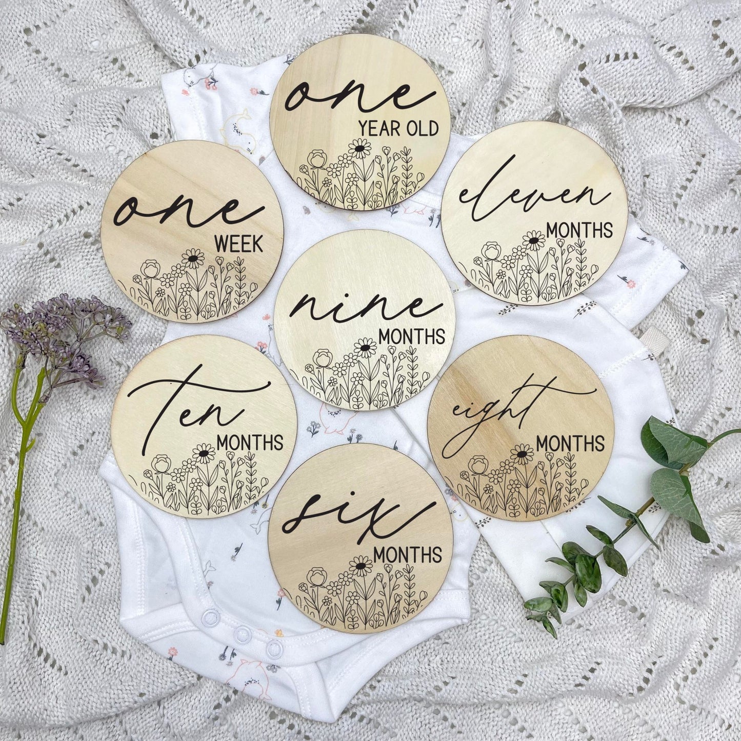 floral milestone cards, baby milestone discs, boho nursery, aesthetic nursery, beige nursery