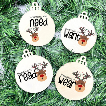 Something you want, wear, need, read bauble set, christmas gift tag set, present gift tag, something to read