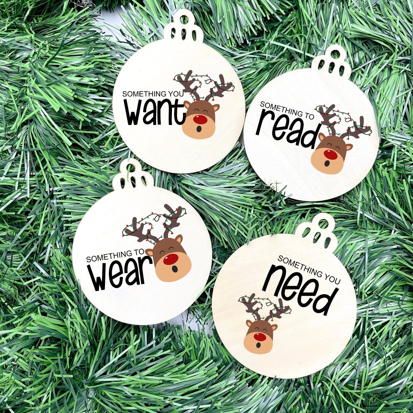 Something you want, wear, need, read bauble set, christmas gift tag set, present gift tag, something to read