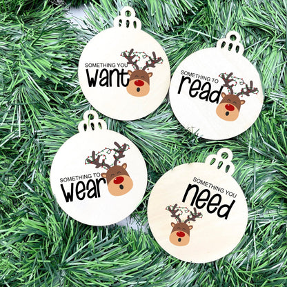 Something you want, wear, need, read bauble set, christmas gift tag set, present gift tag, something to read