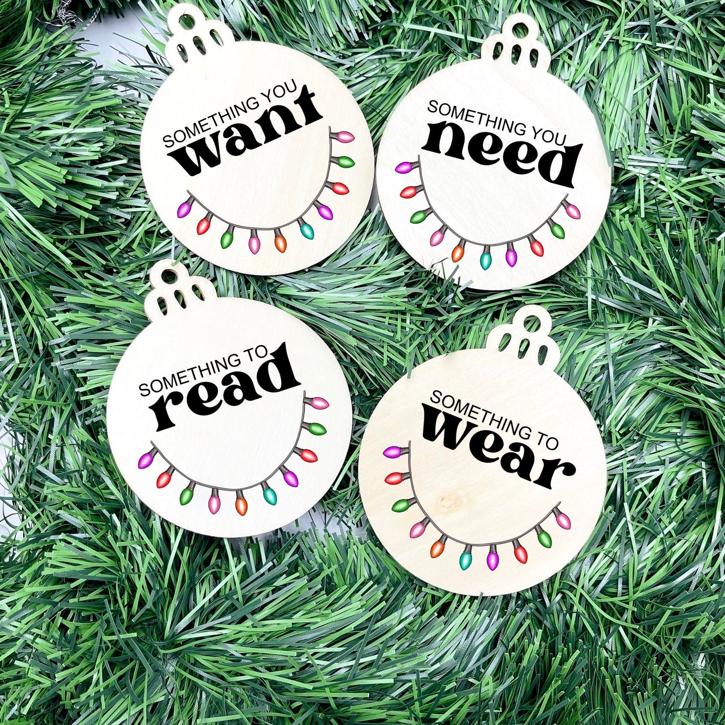 Something you want, wear, need, read bauble set, christmas gift tag set, present gift tag, something to read