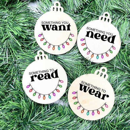 Something you want, wear, need, read bauble set, christmas gift tag set, present gift tag, something to read