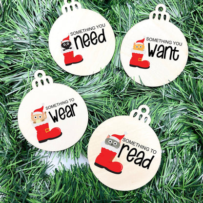 Something you want, wear, need, read bauble set, christmas gift tag set, present gift tag, something to read