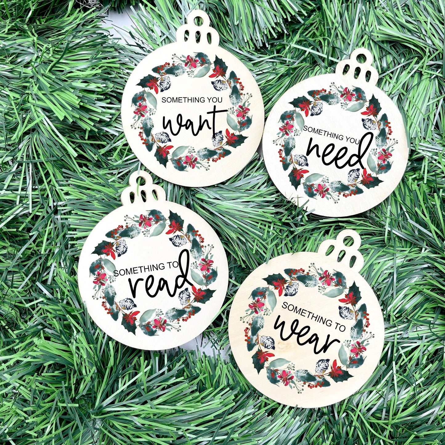 Something you want, wear, need, read bauble set, christmas gift tag set, present gift tag, something to read