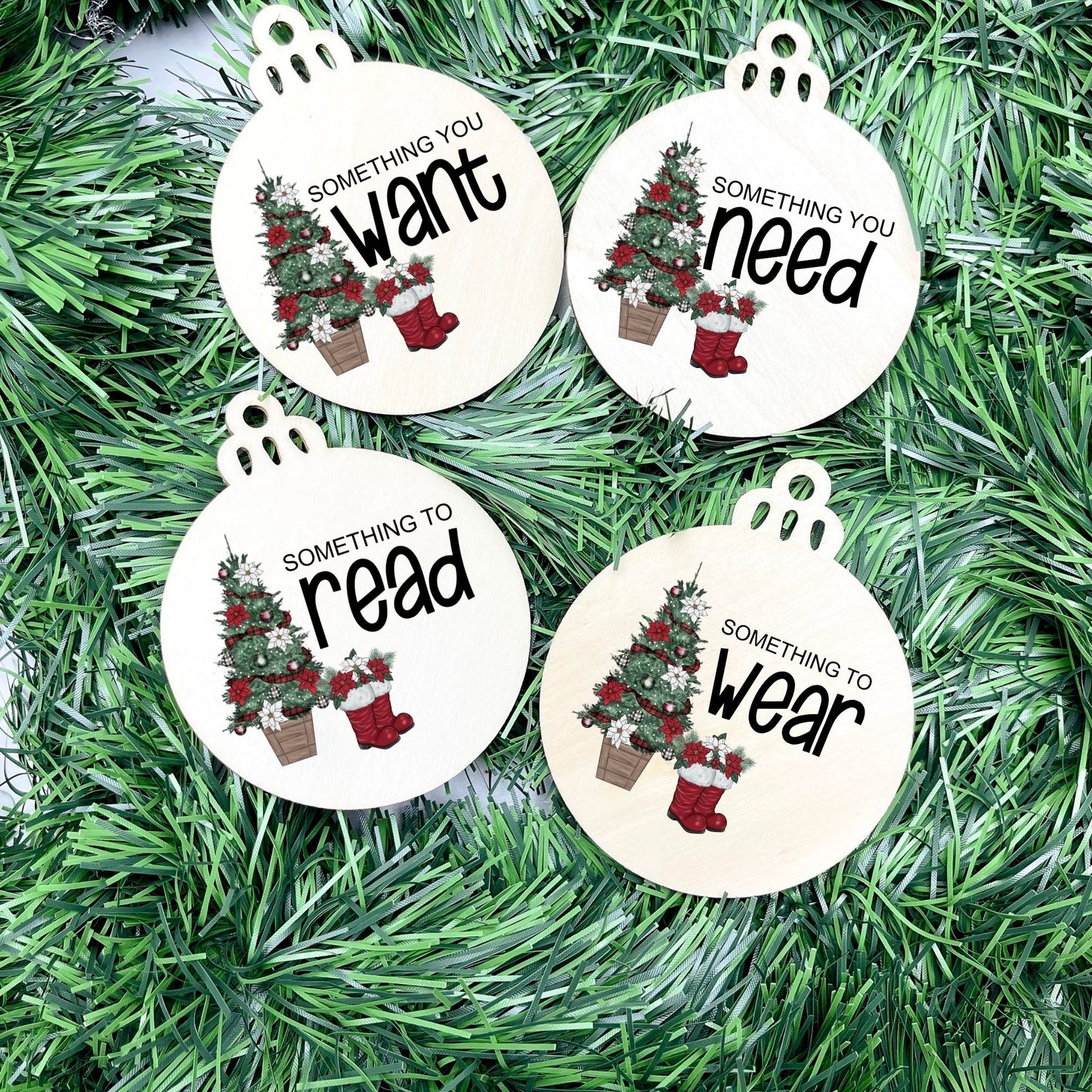 Something you want, wear, need, read bauble set, christmas gift tag set, present gift tag, something to read