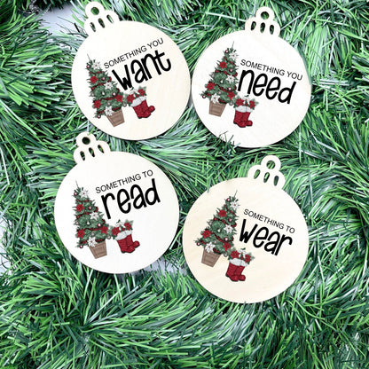 Something you want, wear, need, read bauble set, christmas gift tag set, present gift tag, something to read