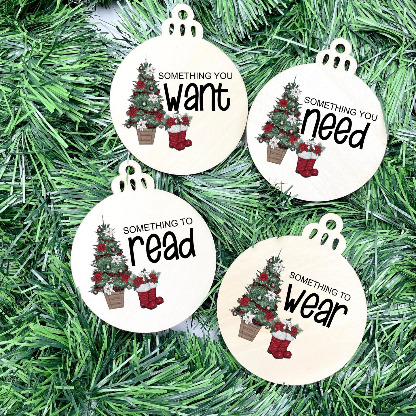 Something you want, wear, need, read bauble set, christmas gift tag set, present gift tag, something to read