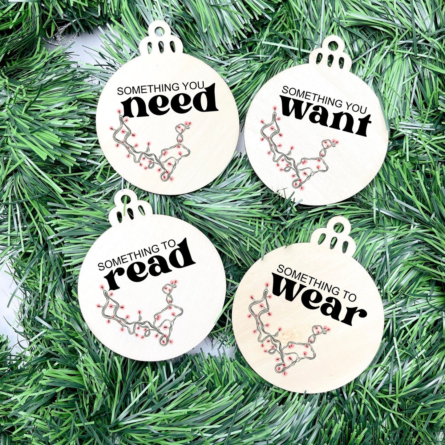 Something you want, wear, need, read bauble set, christmas gift tag set, present gift tag, something to read