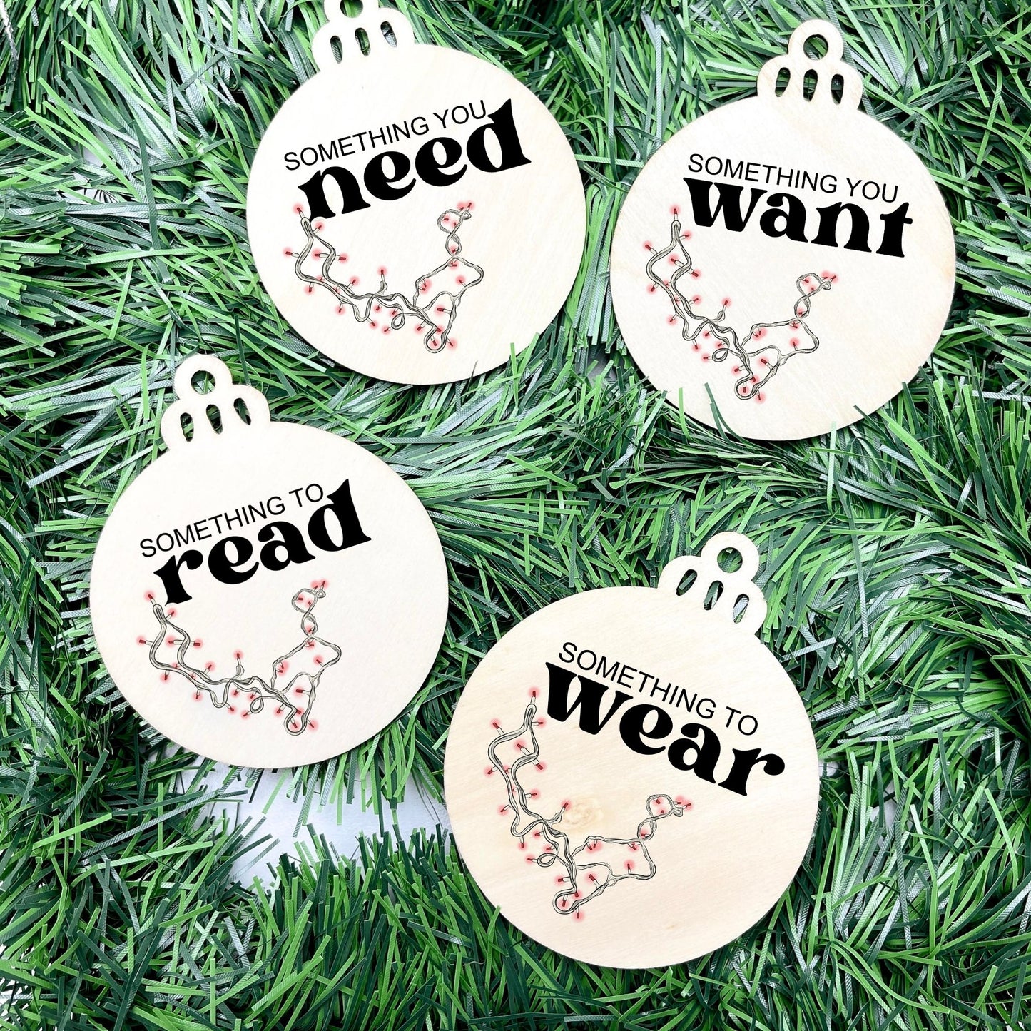 Something you want, wear, need, read bauble set, christmas gift tag set, present gift tag, something to read