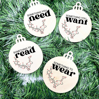 Something you want, wear, need, read bauble set, christmas gift tag set, present gift tag, something to read