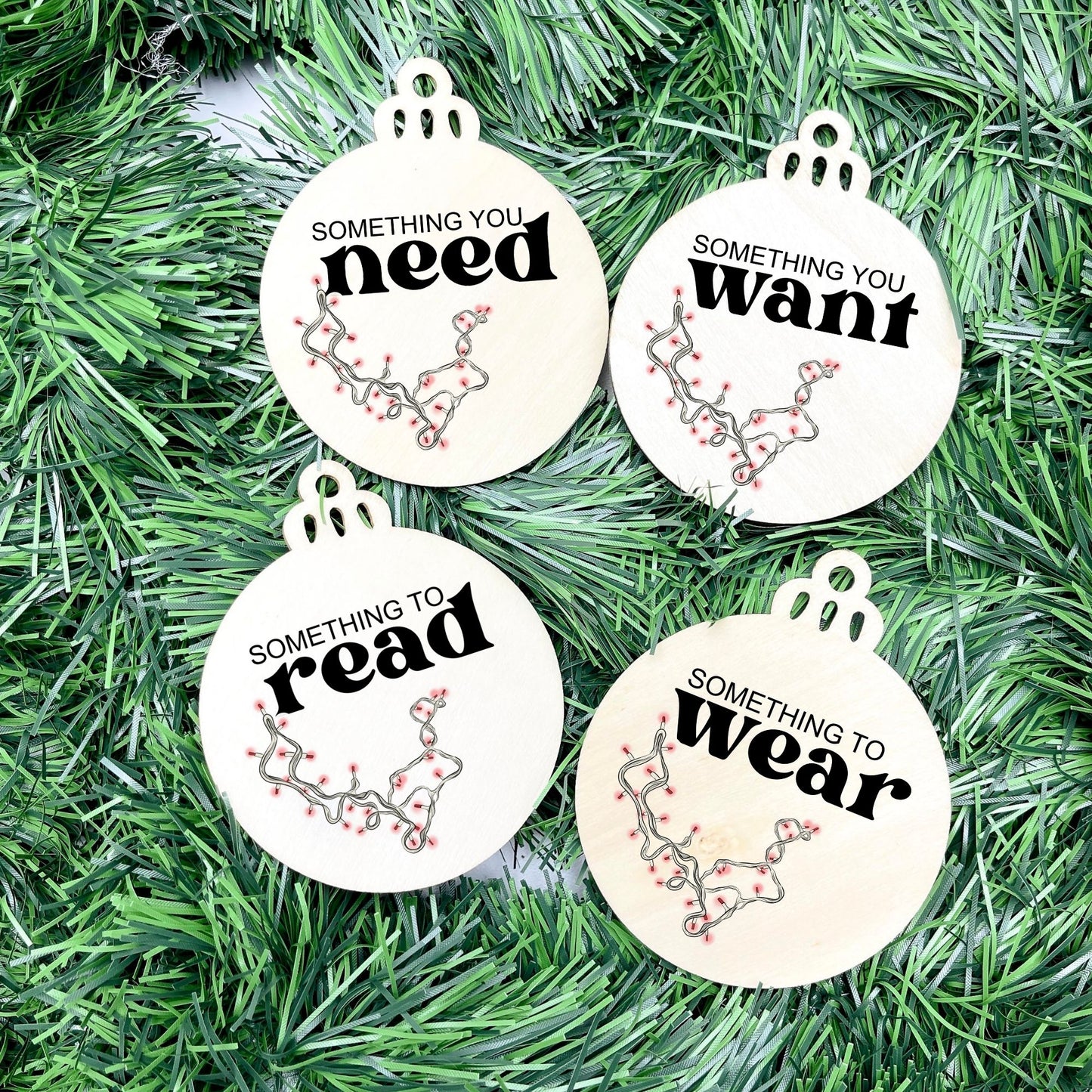 Something you want, wear, need, read bauble set, christmas gift tag set, present gift tag, something to read