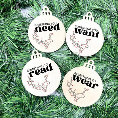 Something you want, wear, need, read bauble set, christmas gift tag set, present gift tag, something to read