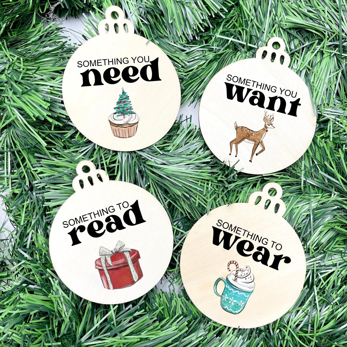 Something you want, wear, need, read bauble set, christmas gift tag set, present gift tag, something to read