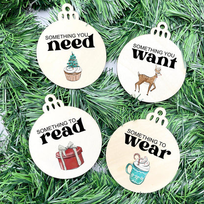 Something you want, wear, need, read bauble set, christmas gift tag set, present gift tag, something to read