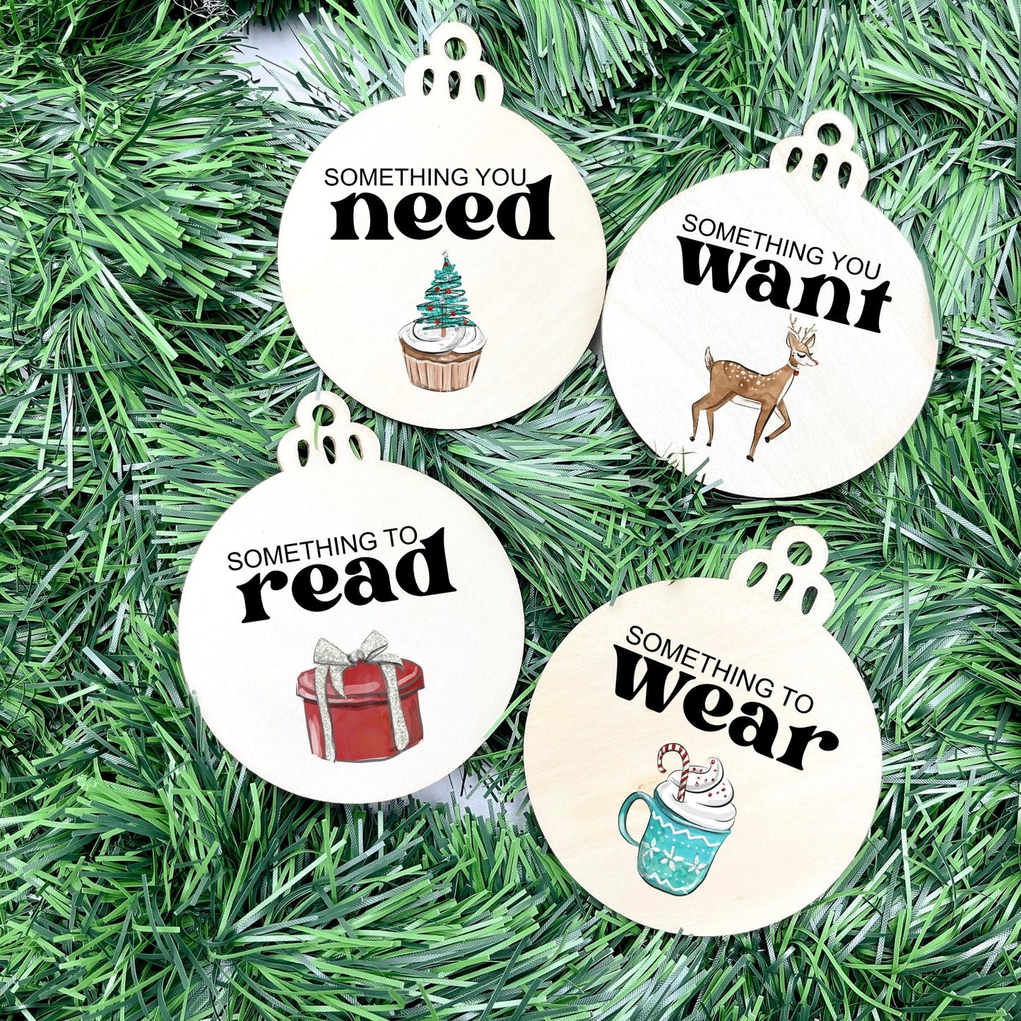 Something you want, wear, need, read bauble set, christmas gift tag set, present gift tag, something to read