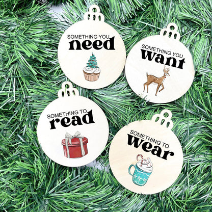 Something you want, wear, need, read bauble set, christmas gift tag set, present gift tag, something to read