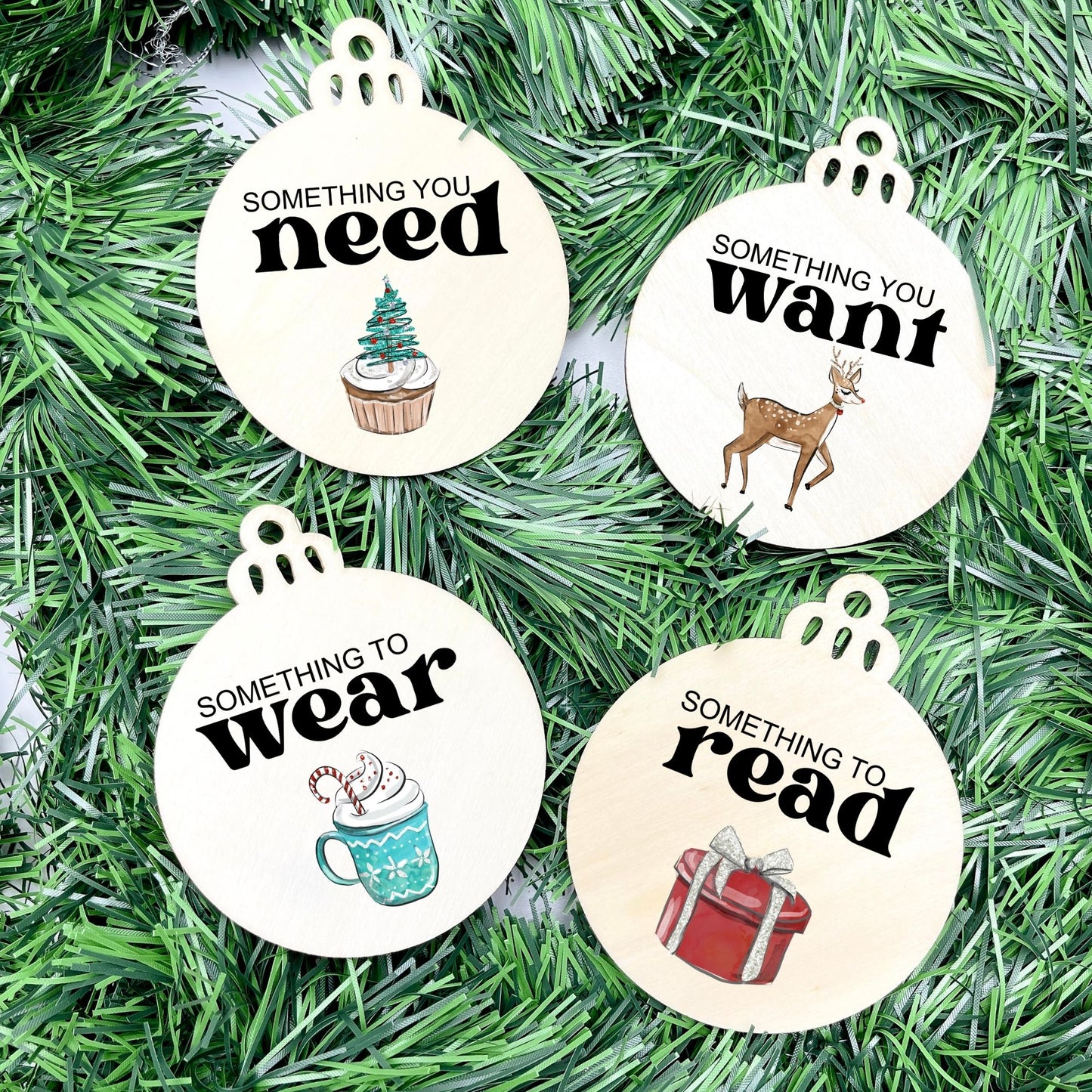 Something you want, wear, need, read bauble set, christmas gift tag set, present gift tag, something to read