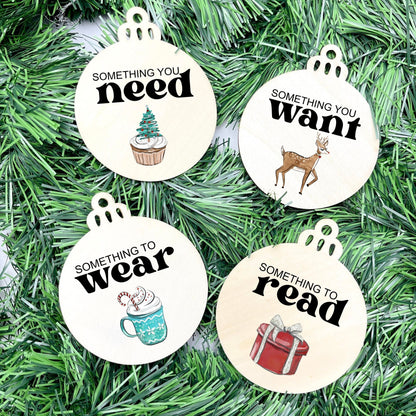 Something you want, wear, need, read bauble set, christmas gift tag set, present gift tag, something to read