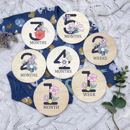 Floral milestone cards, baby milestone discs, boho nursery, aesthetic nursery, beige nursery