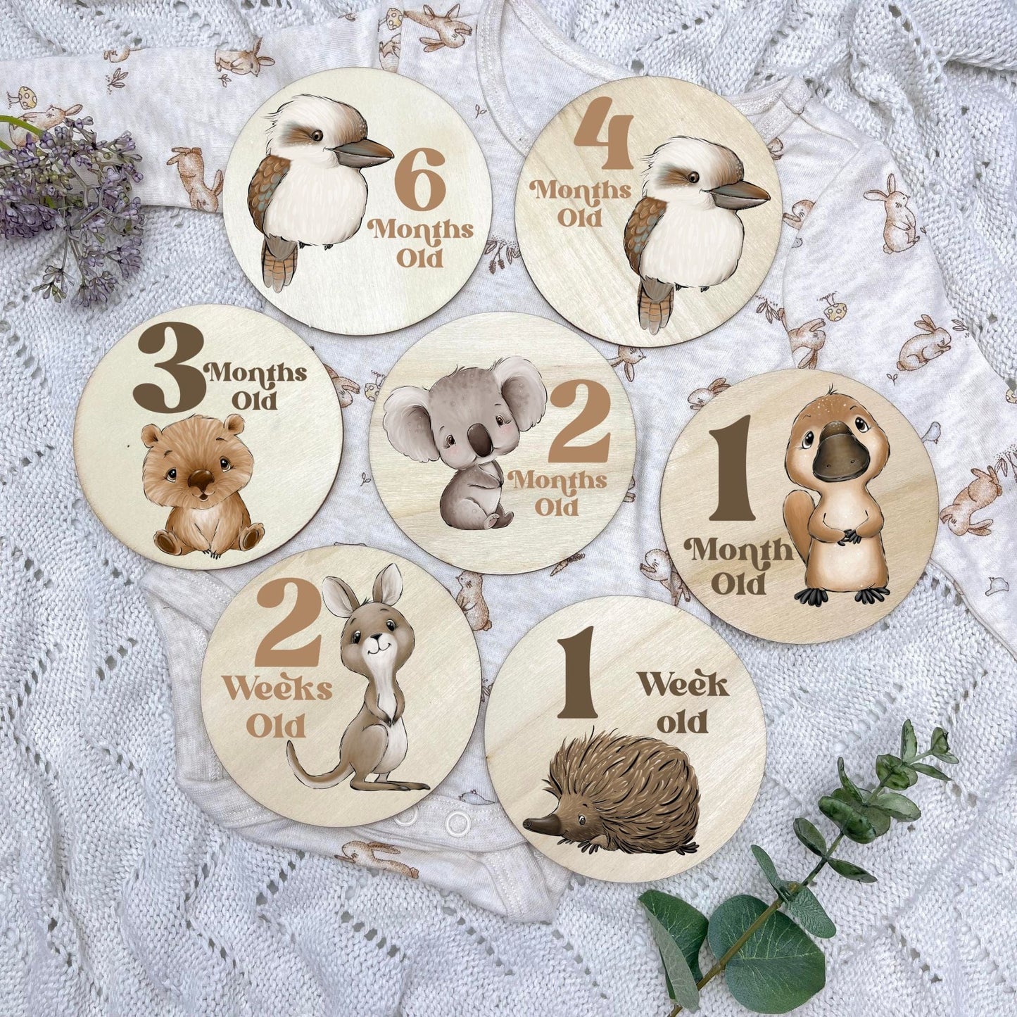 Aussie Animals newborn milestone discs, baby milestones, Aussie Animals, koala, kangaroo, kookaburra